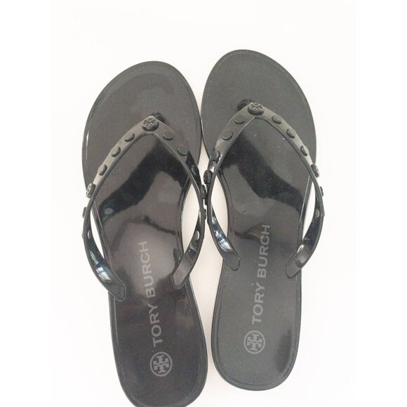 Tory Burch Studded Jelly Thong Sandals Black Logo 9 Beachwear - Picture 3 of 8